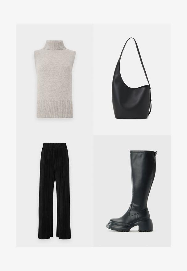 Bežinis megztas prigludęs be rankovių golfas su raitytu apykakle, rankų angomis ir apatine dalimi, ant baltos fono.; Juodi plisuoti kelnės su elastine juosta. Turėkite plačias kojas ir glotnų, tekstūrinį audinį su vertikaliais dryžiais.; Ilgas juodos odinės batai su masyvi platforma ir stačiakampiu kulnu, turintys traukimo kilpą ir tekstūruotą pado raštą.; Juodas odinis hobo maišas su lygiu paviršiumi, kreipta forma ir viena reguliuojama rankena; turi platų atidarymą viršuje.