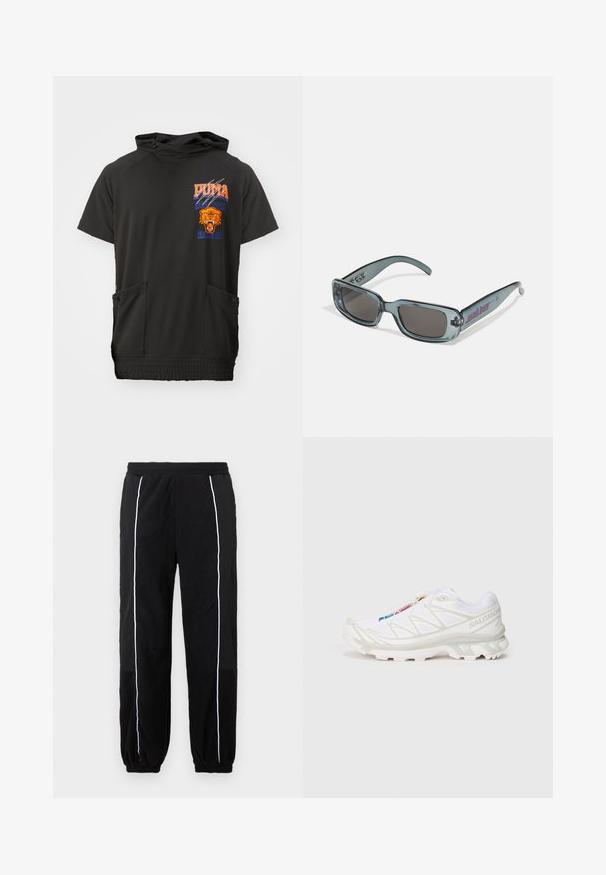 Felpa corta nera con maniche corte e colletto alto, presenta grafiche arancioni e blu, la testa di un leone e due tasche con zip frontali.; Pantaloni sportivi neri con strisce laterali bianche, vita elastica e polsini. Realizzati in un morbido tessuto testurizzato per comfort e flessibilità.; Scarpa da ginnastica bianca con tomaia in rete testurizzata, dettagli riflettenti e suola ammortizzata. Logo del marchio ben visibile sul lato.; Santa Cruz INFERNO UNISEX - Occhiali da sole - crystal black