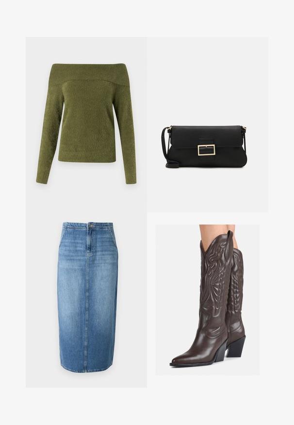 Sveter s odhalenými ramenami a dlhými rukávmi v olivovej zelenej farbe, vyrobený z mäkkej, textúrovanej tkaniny s rebrovaným výstrihom a hladkým telom.; Džínová ceruzková sukňa v svetlomodrej farbe s rovnými líniami, predným zapínaním na gombíky a jemným vyblednutím. Spodok sukne je tesne nad kolenami.; Hnedé kožené kovbojské topánky s špicatou špičkou a blokovým podrážkou, so zložitým prešívaním a vyvýšenými akcentmi na puzdre.; Čierna kožená clutch taška s klopou a zlatým kovovým detailom s prackou. Obsahuje čierny remienok a elegantný, minimalistický dizajn.