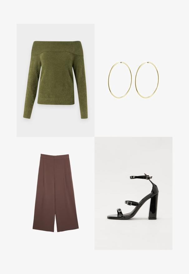 Sveter s odhalenými ramenami a dlhými rukávmi v olivovej zelenej farbe, vyrobený z mäkkej, textúrovanej tkaniny s rebrovaným výstrihom a hladkým telom.; Hnedé nohavice so širokými nohavicami a hladkou textúrou, s vysokým pásom a prednými skladmi. Tkanina je ľahká a voľne sa pohybuje.; Čierne lakované sandále na podpätku so štvorcovou špičkou, navlečenými remienkami okolo členku a striebornými prackami. Disponujú masívnym blokovým podpätkom pre stabilitu.; Zlaté kruhové náušnice s hladkým, zaobleným dizajnom. Tenké a ľahké, s nepřerušeným okruhom bez akýchkoľvek ozdôb.
