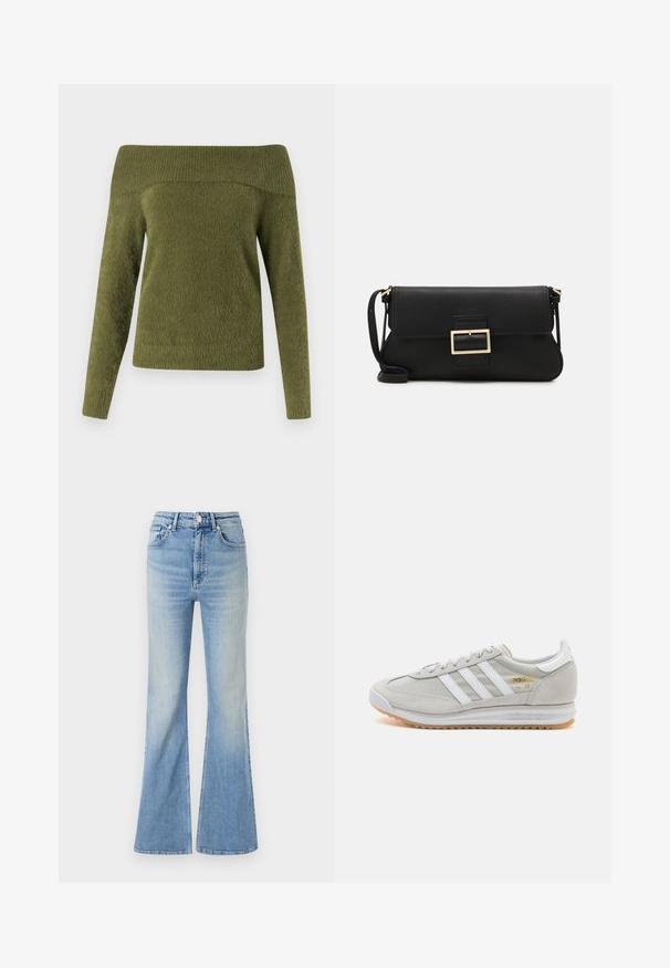Pulover z dolgimi rokavi, prerezan nad rameni, v olivno zeleni barvi, izdelan iz mehke, teksturirane tkanine z rebrastim ovratnikom in gladkim telesom.; Svetlo modri široki kavbojki iz denima, z visokim pasom, petimi žepi in subtilnim postopnim zbledanjem proti robu.; Svetlo sivi tenisice od antilopa i mrežaste tkanine, s tri bijele pruge, okruglim vrhom i gumenim potplatom. Zlatni logo akcent blizu vezica.; Črna usnjena torbica na preklop z zlato kovinsko zaponko. Vključuje črn trak in eleganten, minimalističen dizajn.