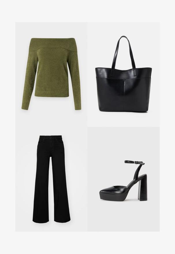 Pull en olive décolleté, à manches longues, confectionné dans un tissu doux et texturé avec un col côtelé et un corps lisse.; Pantalons large en denim noir, dotés d'une taille structurée, de passants de ceinture et de poches avant. Texture lisse avec un design classique.; Escarpins noirs à plateforme avec un bout pointu et une sangle réglable à la cheville. Conçus en cuir lisse, avec un large talon bloc.; Sac fourre-tout en cuir noir avec deux longues poignées, une texture lisse et une forme structurée. Dispose d'une poche avant pour un rangement supplémentaire.