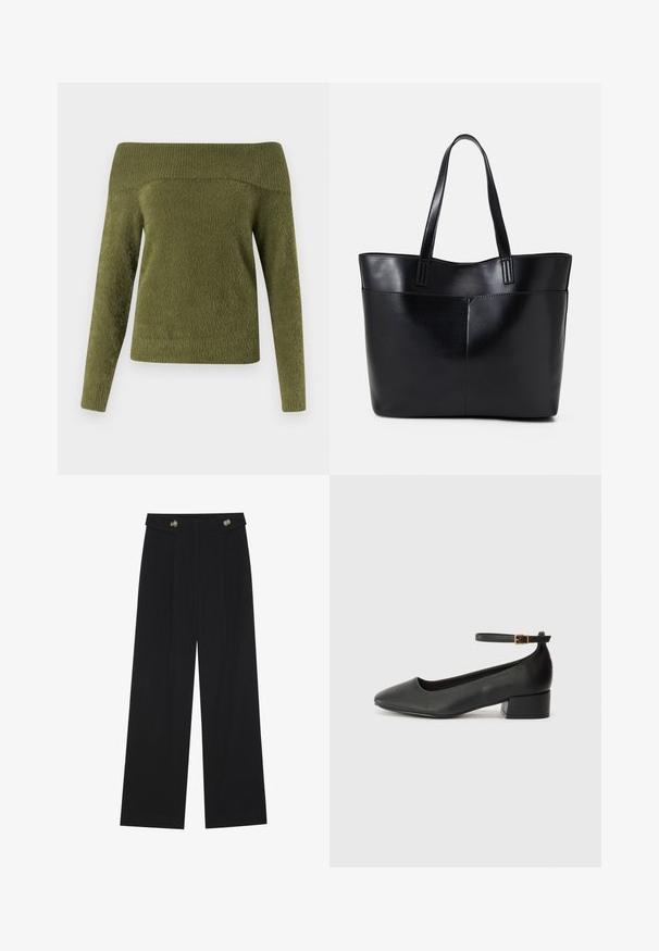 Off-the-shoulder, long-sleeve sweater in olive green, crafted from soft, textured fabric with a ribbed neckline and smooth body.; Black wide-leg trousers with high waist, button details on waistband, and front pleats.; Black leather pump with a pointed toe and a low block heel. Features an ankle strap with a gold-tone buckle. Smooth texture.; Black leather tote bag with two long handles, a smooth texture, and a structured shape. Features a front pocket for additional storage.