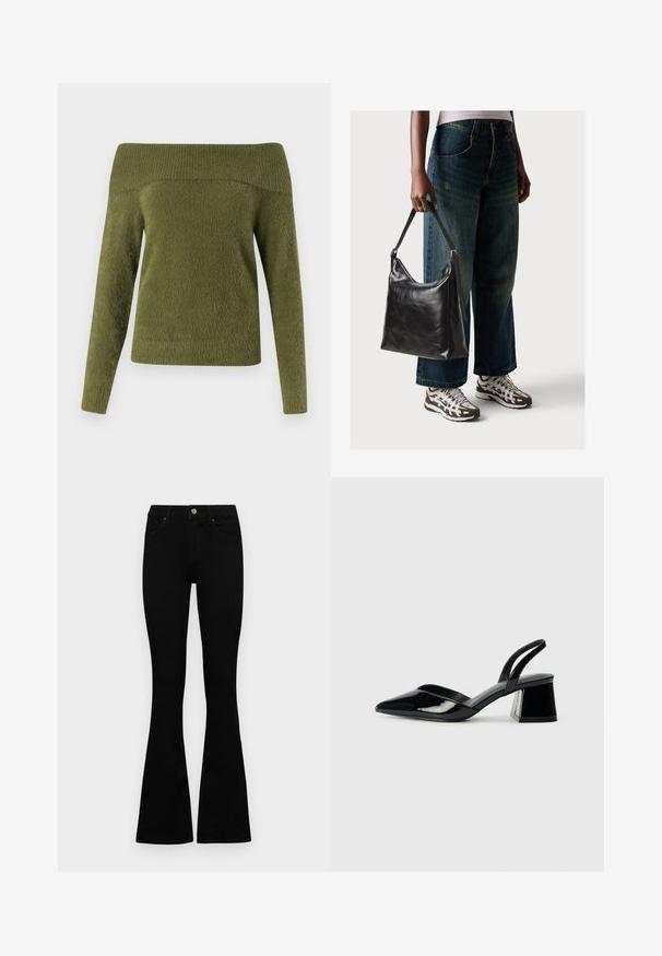 Off-the-shoulder, long-sleeve sweater in olive green, crafted from soft, textured fabric with a ribbed neckline and smooth body.; Black high-waist jeans with a button and zip closure, front pockets, and flared legs laid flat on a white background.; Black patent leather slingback heels with a pointed toe and a geometric block heel. Features a sleek, minimal design and smooth texture.; Black leather shoulder bag with a smooth texture and adjustable strap, paired with faded wide-leg jeans and athletic sneakers.