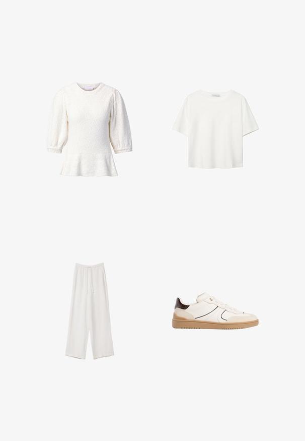 Cremfarbener Strickoberteil mit puffierten Ärmeln und weitem Saum. Texturiertes Gewebe mit weichem Finish und rundem Ausschnitt.; Weißes T-Shirt mit kurzen Ärmeln aus Baumwolle. Hat einen Rundhalsausschnitt und eine lockere Passform. Glatte Textur ohne sichtbare Muster oder Akzente.; Weiße weit geschnittene Hose aus leichtem Stoff. Mit einem elastischen Bund und Kordelzug sowie Seitentaschen. Glatte Textur.; Stradivarius Sneaker low - white