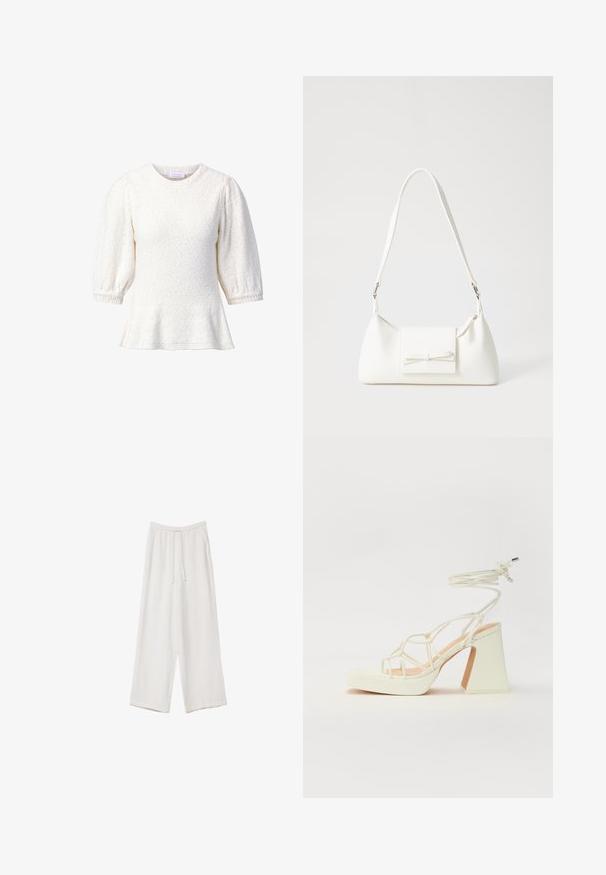 Cremfarbener Strickoberteil mit puffierten Ärmeln und weitem Saum. Texturiertes Gewebe mit weichem Finish und rundem Ausschnitt.; Weiße weit geschnittene Hose aus leichtem Stoff. Mit einem elastischen Bund und Kordelzug sowie Seitentaschen. Glatte Textur.; Weiße High-Heel-Sandale mit einem klobigen Absatz, die über ein Riemchendesign und ein Knöchelband verfügt. Glatte Textur mit einer Plattform vorne für zusätzliche Höhe.; Weiße synthetische Handtasche in dreieckiger Form, flache Vorderklappe und Schleifendetail, verstellbarer Trageriemen, glatte Textur und minimalistisches Design.