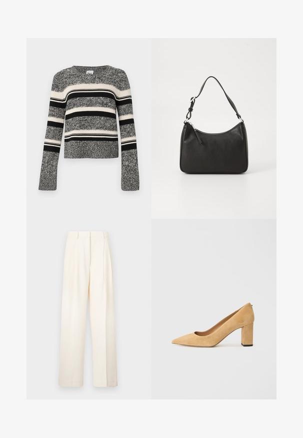 Črno-bela prugasta pulover s krojnim izrezom. Tekstilirani pleteni material. Dolgi rokavi z razširjenimi manšetami. Vodoravne črte različnih širinas.; Široke hlače v kremni barvi, narejene iz gladkega materiala. Imajo krojeno zasnovo s sprednjimi gubami in ravnim krojem.; Bež sueded visok petni čevlji s koničastim nosom in debelim blok peto. Material ima mehak teksturo z gladko obdelavo.; Črna usnjena torba za roke s ukrivljenim oblikom, enim trakom, zadrgo in diskretnim blagovnim znamkom na sprednjem delu. Gladka tekstura, minimalističen dizajn.
