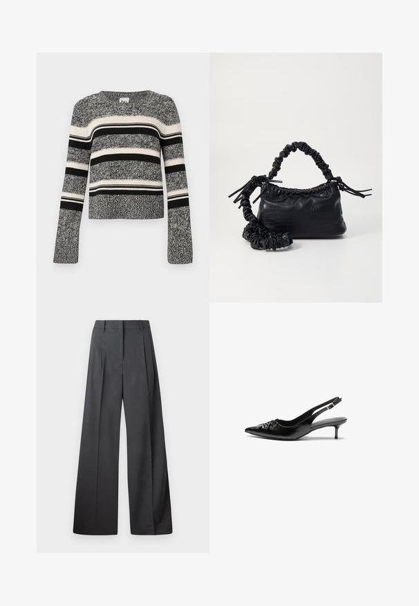 Svart og hvitstripet genser med rund hals. Teksturert strikkemateriale. Lange ermer med utvidede mansjetter. Horisontale striper i varierende bredder.; Vide bukser i mørkegrått stoff med høy livlinje, enkel press, og en glatt tekstur med en ren finish på ermekantene.; Sorte skinnert remsandaler med spiss tå, liten kittenhæl og en dekorativ knute detalj foran. Glatt tekstur gjennom hele.; Svart faux skinn-håndveske med krokodilletekstur, strammet topp og en rynket stropp. Ser myk og kompakt ut i designen.
