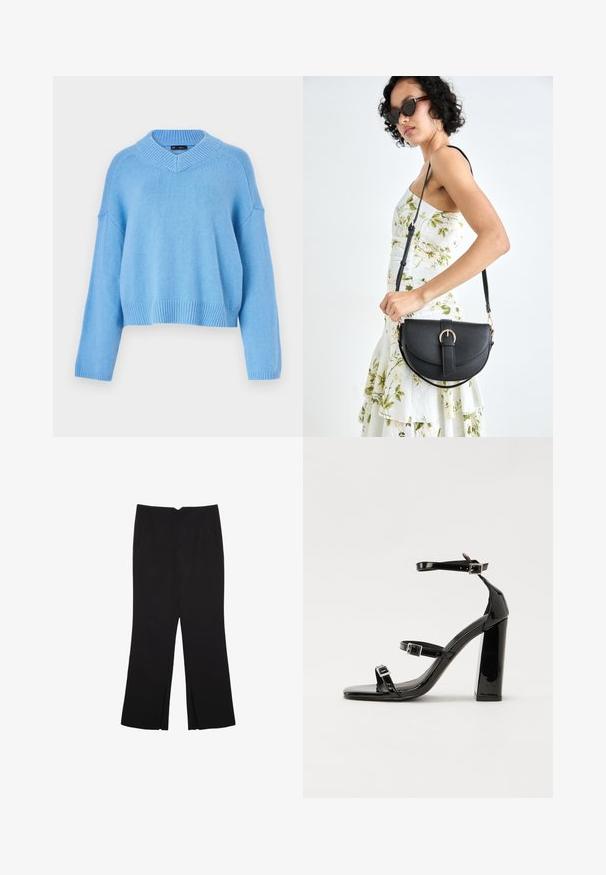 Lichtblauwe gebreide trui met een brede V-hals, geribde manchetten en zoom. Heeft dropped shoulders en een losse pasvorm. Zachte textuur.; Zwarte broek met een rechte pasvorm, voorzien van zijzakken en plooien aan de onderzijde. Gemaakt van zachte, gladde stof. Geschikt voor verschillende gelegenheden.; Zwarte gepatenteerde sandalen met hak en een vierkante neus, enkelbandjes en zilveren gespen. Heeft een stevige blokhak voor stabiliteit.; Zwarte leren handtas met een gebogen vorm, afneembare schouderband en gouden hardware. De tas heeft een klep met een gespsluiting.