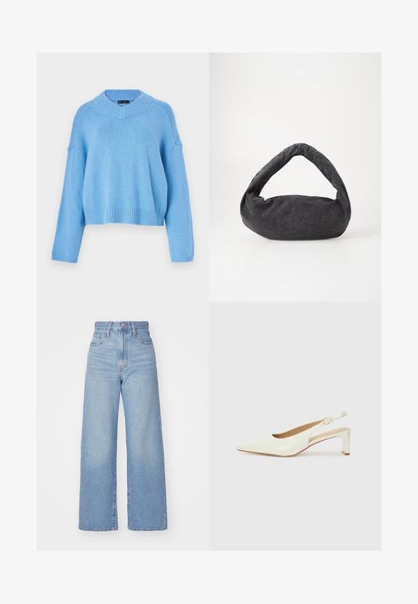 Light blue knitted sweater with a wide V-neck, ribbed cuffs, and hem. Features drop shoulders and a relaxed fit. Soft texture.; Light blue high-waist wide-leg jeans with front button and zip closure, front and back pockets, on a white background.; White patent leather slingback shoe with a pointed toe and a low block heel. Features a subtle strap with a gold-tone buckle detail.; Dark gray fabric bag with a curved handle, soft texture, and rounded shape. No visible hardware or embellishments.