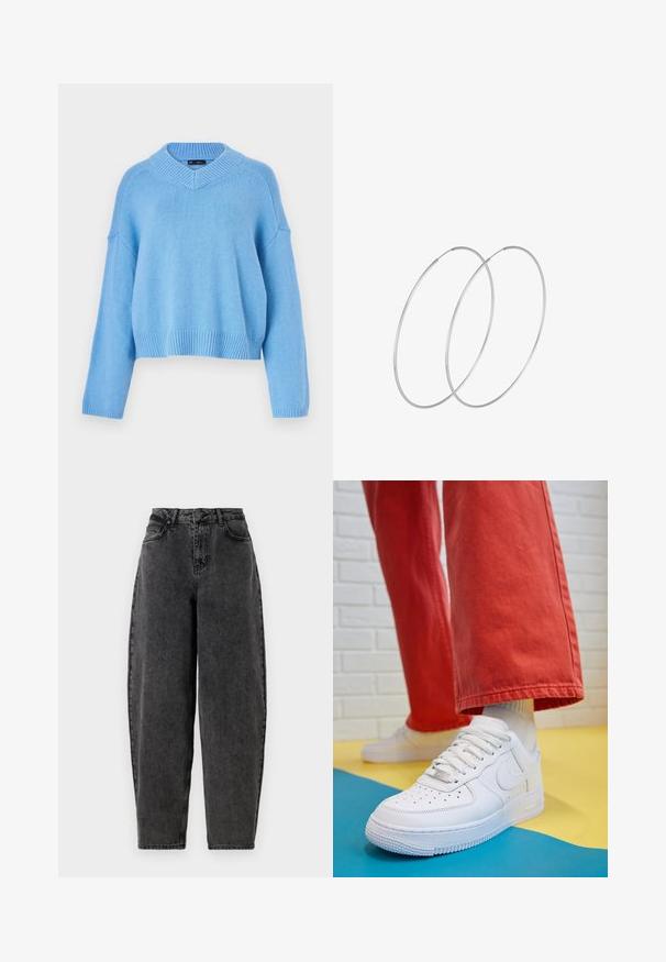 Vaaleansininen neulepusero, jossa on leveä V-pääntie, ribbaus hihansuissa ja helmassa. Ominaisuuksiin kuuluu tippuvat olkapäät ja rento istuvuus. Pehmeä tekstuuri.; Korkeavyötäröiset mustat farkut, joissa on rento slim fit, perinteinen viiden taskun malli ja nappisulku. Teksturoitu, joustamaton kangas.; Valkoinen nahkakengät, joissa on rei'itetty varvasosa, teksturoitu pohja ja valkoiset nauhat, yhdistettynä leveisiin punaisiin housuihin ja sinikeltaiseen taustaan.; Hopehope hopeilla, joissa on minimalistinen muotoilu. Pyöreä muoto, sileä pinta ja ohut profiili. Kevyet ja kiillotetut.