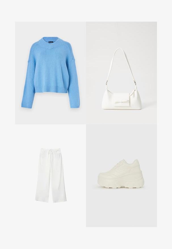 Maglione blu chiaro a maglia con ampio scollo a V, polsini e orlo a coste. Presenta spalle a caduta e una vestibilità rilassata. Morbido al tatto.; Pantaloni bianchi a gamba larga realizzati in tessuto morbido, con vita regolabile e due tasche frontali. Texture liscia e senza motivi visibili.; Sneakers bianchi con piattaforma, caratterizzati da una parte superiore simile alla pelle liscia, forma arrotondata, collo imbottito e suola in gomma testurizzata con scanalature ben definite.; Borsa sintetica bianca a forma triangolare, con patta anteriore piatta e dettaglio a fiocco, tracolla regolabile, texture liscia e design minimalista.