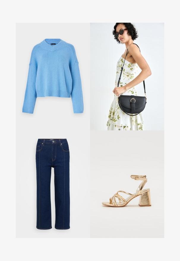 Pullover de malha azul claro com um decote em V amplo, punhos e bainha canelados. Apresenta ombros caídos e um corte descontraído. Textura suave.; Jeans de perna reta azul escuro com fecho de botão, bolsos frontais e traseiros e costura laranja visível ao longo das costuras.; Sandálias de salto alto metálico dourado com design em tiras, salto quadrado e tira no tornozelo ajustável com fivela. Textura suave.; Bolsa de couro preta com forma curva, alça destacável e detalhes em dourado. A bolsa possui uma aba com detalhe de fivela.