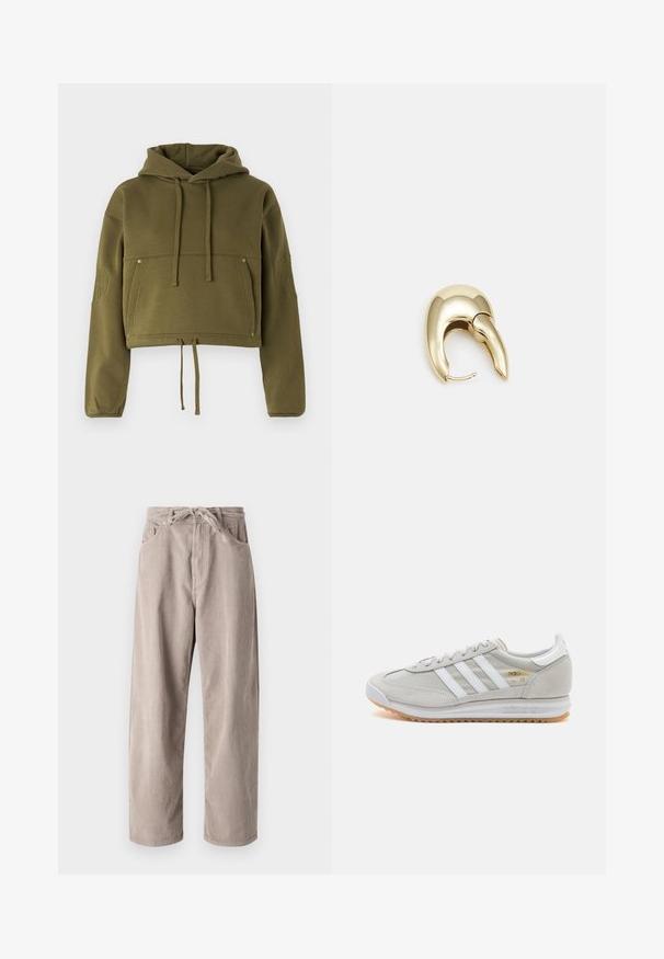 Hoodie corto verde oliva con coulisse, tasca frontale e ricami sulle maniche. Realizzato in un morbido tessuto testurizzato.; Pantaloni in velluto a coste beige con vestibilità ampia, dotati di vita con cordoncino, due tasche frontali e lavorazione a coste verticali.; Sneaker grigio chiaro realizzato in suede e rete, con tre strisce bianche, punta arrotondata e suola in gomma color caramello. Accento del logo dorato vicino ai lacci.; Orecchino in metallo color oro con un design elegante e curvo. Presenta una forma appuntita distintiva, superficie lucida e chiusura a cerniera.