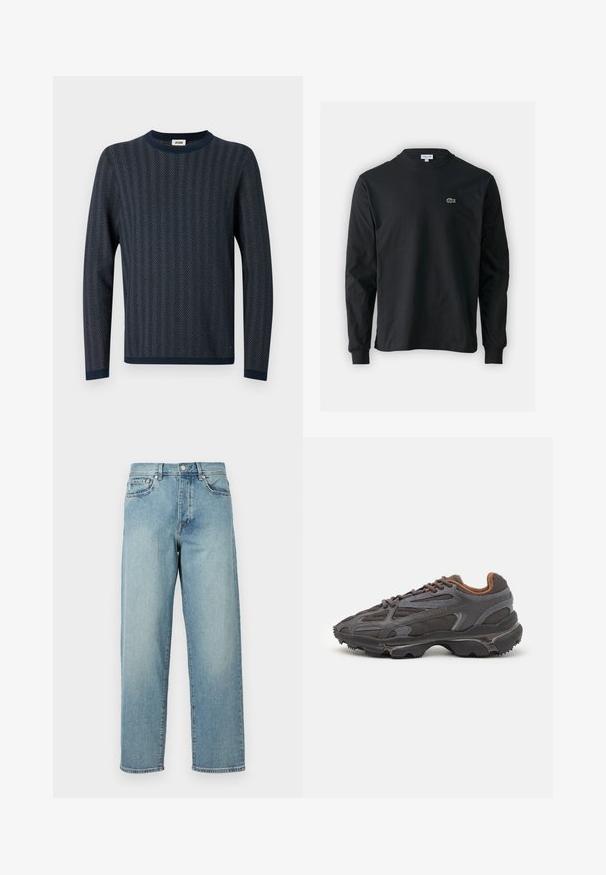 Pulover tricotat bleumarin cu un model în zigzag, guler rotund și mâneci lungi cu manșete și tiv contrastante în nuanță de bleumarin.; Tricou negru cu mânecă lungă, realizat din bumbac, cu un guler rotund și un mic logo brodat cu un crocodil verde pe partea stângă a pieptului.; Blugi din denim de un albastru deschis, cu o croială lejeră, picioare drepti, design cu cinci buzunare și închidere cu nasture la talie. Detaliu de cusătură minimalist.; Adidași Lacoste de culoare gri închis, din material mesh și sintetic, cu o talpă texturată și accente maronii pe guler și branding.