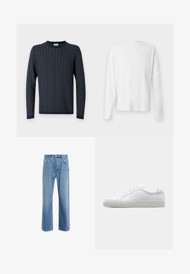 Mornarsko pleteno pulover z vzorcem ribje kosti, okroglo ovratnico in dolgimi rokavi s kontrastnimi mornarskimi manšetami in robom.; Bela bombažna srajca z dolgimi rokavi in okroglo ovratnikom, z bočnimi razporki na dnu in gladko teksturo, prikazana s hrbtne strani.; Svetlo modre denim kavbojke s ravno nogavico, petimi žepi, z gumbom za zapiranje, minimalnim zbledelostjo in kontrastnimi šivi.; Bela športna obutev z gladkim usnjenim zgornjim delom in nizkim profilom. Ima zaokrožen nos, šest lukenj za vezalke in teksturiran gumijast podplat.