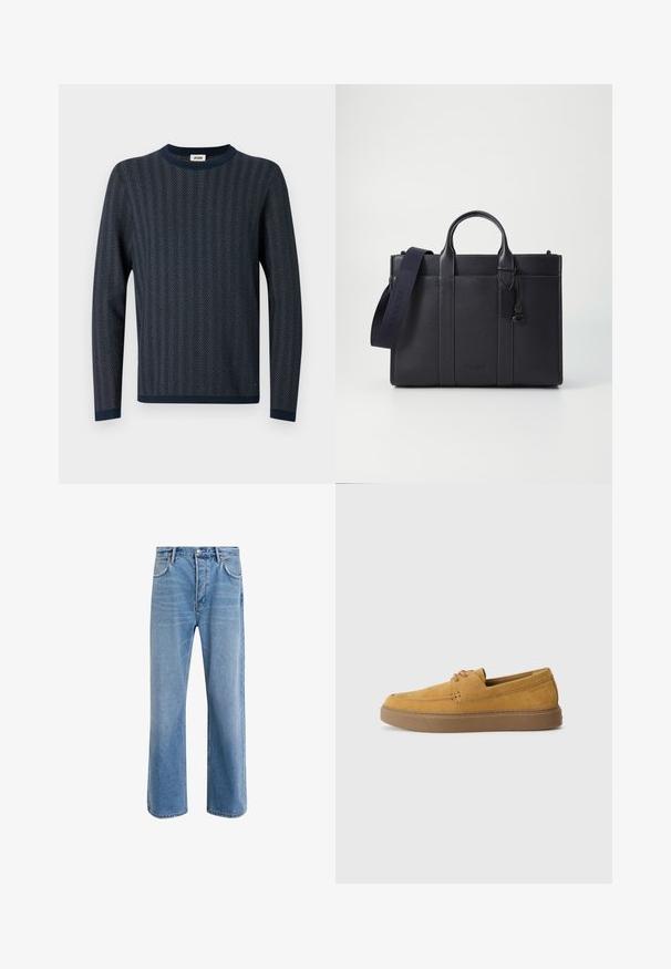 Κόκκινη πλεκτή ζακέτα με σχέδιο ψαροκόκαλο, στρογγυλή λαιμόκοψη, και μακριά μανίκια με αντιθέτου ναυτικού χρώματος μανσέτες και στρίφωμα.; Ανοιχτό μπλε τζιν παντελόνι με ευθεία γραμμή, πέντε τσέπες, κλείσιμο με κουμπί, ελάχιστη φθορά και αντίθετες ραφές.; Καφέ σουέτ παντόφλες με υφή, στρογγυλή μύτη και αντίθετη ελαστική σόλα. Διαθέτουν διακριτική επωνυμία κοντά στην φτέρνα.; Σκούρο ναυτικό δερμάτινο χαρτοφύλακα με διπλές λαβές στην κορυφή και αποσπώμενο λουρί. Διαθέτει υφή με ανάγλυφη επιφάνεια, κάθετη ραφή και λεπτομέρεια με λογότυπο.