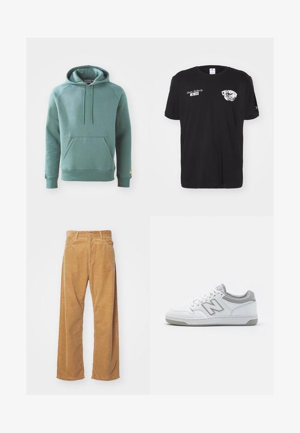 Grüner Baumwollhoodie mit Kängurutasche, Kapuze mit Zugband und gerippten Bündchen. Mit einem gelben Logo auf dem linken Ärmel.; Schwarzes Baumwoll-T-Shirt mit kurzen Ärmeln und Rundhalsausschnitt, mit weißen "Champion"-Logo und Schriftzügen auf der Vorderseite und dem Ärmel.; Corduroy-Hosen mit weitem Bein in einer beige Farbe. Mit strukturierten, vertikalen Rillen, einem Standardbund und zwei vorderen Taschen ausgestattet.; Weiße Ledersneakers mit grauen Akzenten, ausgestattet mit einem perforierten Zehenbereich, flachen Schnürsenkeln und einer gemusterten Sohle. New Balance-Logo an der Seite.