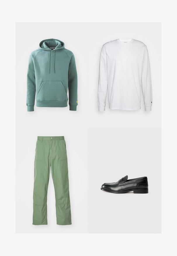 Zöld pamut kapucnis pulóver kenguruzsebbel, húzózsinórral ellátott kapucnival és bordás mandzsettákkal. A bal hüvelyen egy sárga logó található.; Fehér, hosszú ujjú, pamut póló. Kerek nyakú kialakítás, bordázott mandzsetták és egy kis logó a bal ujján. Simaság jellemzi.; Világos zöld, laza szabású nadrág sima textúrával, oldal zsebekkel és látható varrási részletekkel. Teljes hosszúságú, egyenes lábbal.; Fekete bőr mokaszinok sima felülettel, varrott részletekkel a lábfej részen és kissé megemelt sarokkal.