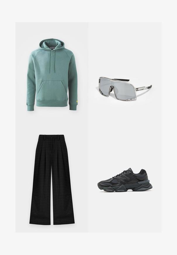 Green cotton hoodie with a kangaroo pocket, drawstring hood, and ribbed cuffs. Features a yellow logo on the left sleeve.; Black checkered wide-leg trousers with pleats, featuring a smooth texture and classic design. Lightweight fabric for comfort.; Black running shoe featuring a mix of mesh and synthetic materials, chunky sole, curved design, and prominent branding on the side.; Sunglasses with a transparent frame, gray lenses, rectangular shape, rubber-accented temples, and adjustable nose pads.