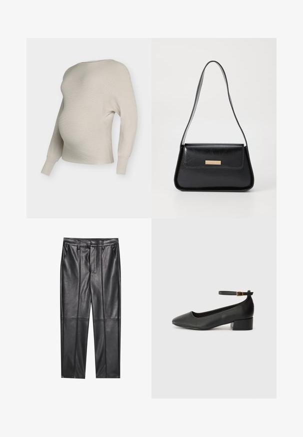 Kremasti pletivi majica za trudnice s rebrastim uzorkom, širokim izrezom i dugim rukavima, ističući mekani teksturu i ležerni dizajn.; Crne kožne hlače s glatkom teksturom, ravnog kroja, s dva prednja džepa i vidljivim šavovima.; Crne kožne pumpe s oštrim vrhom i niskom blok petom. Sadrže remen oko gležnja s zlatnim kopčanjem. Glatka tekstura.; Crna kožna torba s oblikom ugla, s tankom trakicom i zlatnim detaljima, koja ima oznaku s logom na prednjem preklopu.