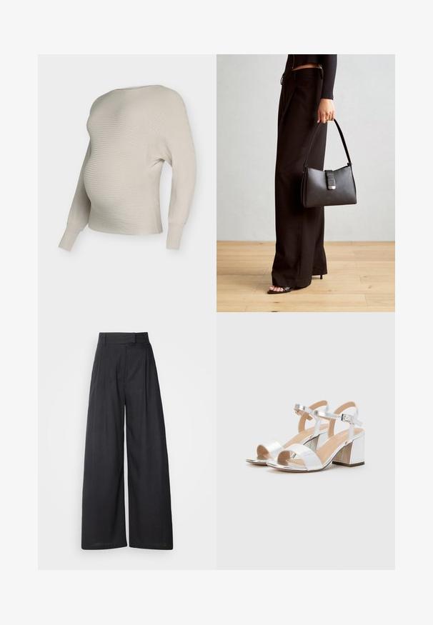 Cream ribbed knit maternity sweater with a loose fit, wide neckline, and long sleeves, highlighting a soft texture and casual design.; Dark, wide-leg trousers with a structured waistband and pleats. Made of lightweight fabric, featuring a smooth texture and no visible patterns.; Silver high-heeled sandals with open toes, featuring two wide straps and a rounded block heel. Smooth texture with metallic finish.; Black handbag with structured shape, smooth texture, and a metallic clasp. Paired with wide black pants and open-toe sandals on wooden floor.