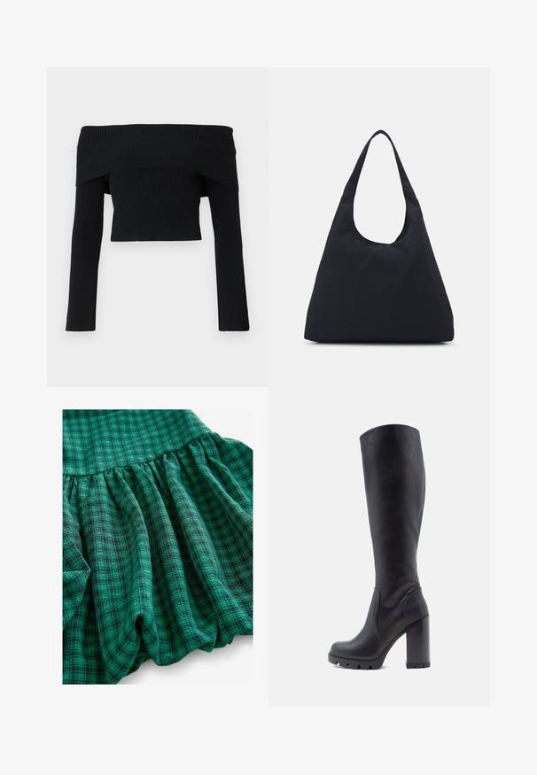 Musta, hartioilta paljastava, ribbineulepusero pitkillä hihoilla; lyhennetty malli ja teksturoitu kangas. Ei koristeluja tai kuvioita.; Vihreä ruudullinen kangas, jossa on eri sävyjä, rypytetty pinta ja röyhelöhelma. Materiaali näyttää hengittävältä ja kevyeltä.; Mustat polvipituiset saappaat, sileää nahkaa, paksu korko, pyöreä kärki, kuvioitu pohja, jossa on pito, tyylikäs muotoilu ilman koristeluja.; Musta kangaskassi, jossa on yksi leveä olkahihna. Pehmeä, puolirakenteellinen muoto ja sileä pinta; minimalistinen muotoilu ilman näkyviä metalliosia.