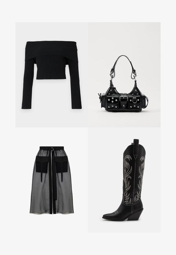 Čierny sveter bez ramienok s rebrovaným povrchom a dlhými rukávmi; skrátený strih a struktúrovaná tkanina. Žiadne ozdoby ani vzory.; Čierna priesvitná sukňa s naťahovacím pásom, ktorá má dve veľké predné vrecká, opasok na viazanie a kruhový kovový akcent.; Čierne kožené kovbojské čižmy s špicatými prstami, klinovými podpätkami a striebornými vyšívanými kvetinovými vzormi po celej dĺžke. Kontrastné šitie po celom povrchu.; Čierna kožená kabelka s zakriveným dizajnom, doplnená striebornými cvočkami, prackou a dvoma bočnými vreckami. Nastaviteľný popruh poskytuje rôzne možnosti nosenia.
