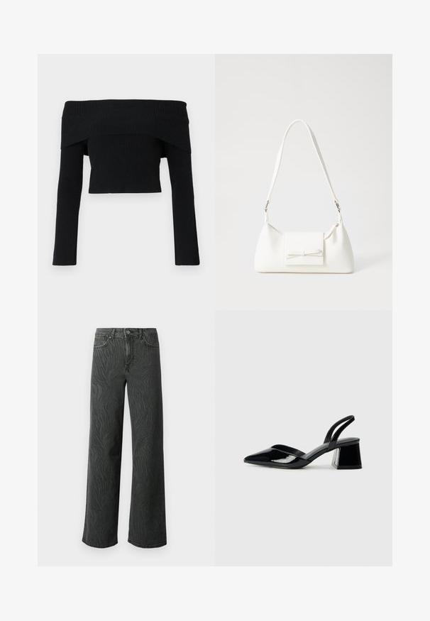 Pull noir, à dentelle, côtelé avec manches longues ; design court et tissu texturé. Aucune embellissement ni motif.; Jeans évasés en denim gris foncé, présentant une texture subtile à motif zèbre, des coutures contrastées, et un design à cinq poches avec un zip à bouton.; Escarpins en cuir verni noir avec bout pointu et talon bloc géométrique. Présente un design élégant et minimaliste ainsi qu'une texture lisse.; Sac à main synthétique blanc en forme triangulaire, avec un rabat avant plat et un détail en nœud, une bandoulière ajustable, une texture lisse et un design minimaliste.