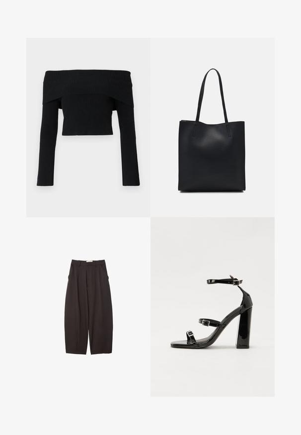 Schwarzer, schulterfreier, gerippter Pullover mit langen Ärmeln; kurzes Design und strukturiertes Gewebe. Keine Verzierungen oder Muster.; Schwarze weit geschnittene Hosen aus einem glatten Stoff, mit hoher Taille, Frontfalten und Seitentaschen. Schlichtes Design ohne Verzierungen.; Schwarze patentierte Sandalen mit Absatz, quadratischer Spitze, Knöchelriemen und silbernen Schnallen. Mit einem stabilen Blockabsatz für mehr Stabilität.; Schwarze Laptoptasche aus Leder mit glatter Textur, rechteckiger Form und zwei langen Griffen. Keine sichtbaren Beschläge oder Verzierungen.