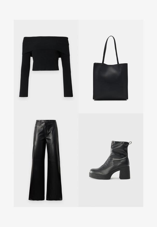 Black, off-the-shoulder, ribbed sweater with long sleeves; cropped design and textured fabric. No embellishments or patterns.; Black high-waist wide-leg faux leather pants with front button, zip closure, belt loops, and side pockets on white background.; Black ankle boots made of smooth leather, featuring a side zipper, chunky textured heel, and rounded toe design.; Black leather tote bag with smooth texture, rectangular shape, and two long handles. No visible hardware or embellishments.