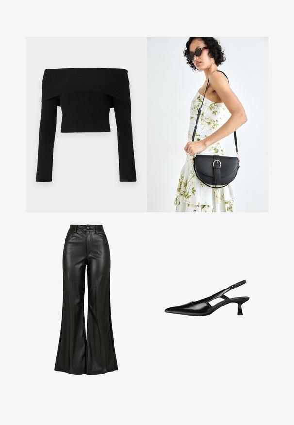 Čierny sveter bez ramienok s rebrovaným povrchom a dlhými rukávmi; skrátený strih a struktúrovaná tkanina. Žiadne ozdoby ani vzory.; Čierne kožené nohavice so širokými nohavicami a hladkým povrchom, s vysokým pásom, zapínaním na gombík a prednými vreckami. Dizajn so širokými nohavicami a lešteným povrchom.; Čierne lakované kožené lodičky na podpätku s špicatou špičkou, výrezovým dizajnom na boku a malým štvorcovým podpätkom. Hladký povrch s minimálnymi akcentmi.; Čierna kožená kabelka s zaobleným tvarom, odnímateľným popruhom a zlatými doplnkami. Kabelka má klopu s detailom s prackou.