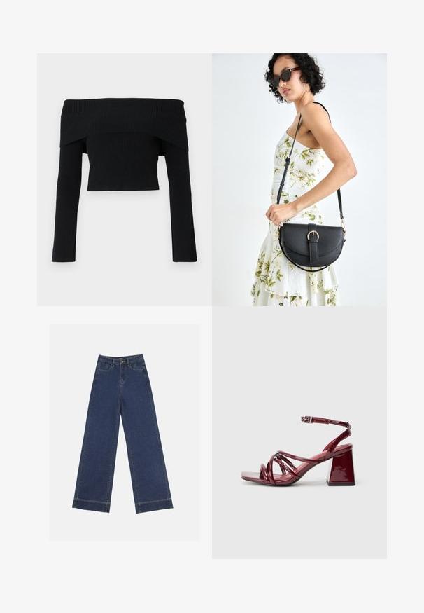 Black, off-the-shoulder, ribbed sweater with long sleeves; cropped design and textured fabric. No embellishments or patterns.; Wide-leg jeans in dark blue denim. Features five pockets, belt loops, and a raw hem at the bottom with visible stitching details.; Patent burgundy heeled sandals with a square toe, featuring multiple intertwined straps and a chunky block heel. Adjustable ankle strap.; Black leather handbag with a curved shape, detachable strap, and gold hardware. The bag features a flap with a buckle detail.