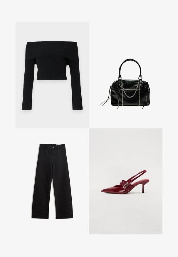 Black, off-the-shoulder, ribbed sweater with long sleeves; cropped design and textured fabric. No embellishments or patterns.; Black wide-leg denim pants with a high waist, featuring front and back pockets, stitched seams, and a button closure. Smooth texture.; Red patent leather slingback heels with a pointed toe, two buckle straps, and a slim, mid-height stiletto heel. Smooth texture.; Bershka WITH CHAIN - Handbag - black