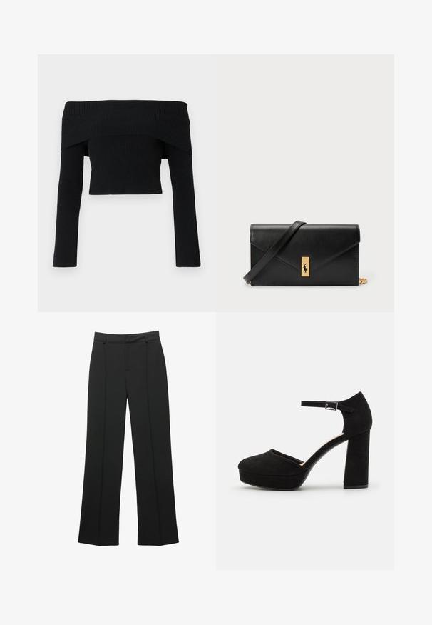Maglione nero, a spalle scoperte, a coste con maniche lunghe; design accorciato e tessuto texturizzato. Senza decorazioni né motivi.; Pantaloni neri a vita alta, di taglio ampio, con passanti per cintura e dettaglio della cucitura frontale, presentati su uno sfondo bianco.; Scarpe con tacco a piattaforma nere in suede, dotate di un spesso tacco a blocco, punta arrotondata e cinturino alla caviglia fissato da una fibbia in metallo. Texture liscia su tutta la superficie.; Portafoglio in pelle nera con pattina a pieghe, accessori dorati, con un logo decorativo. Include una tracolla staccabile per il trasporto.
