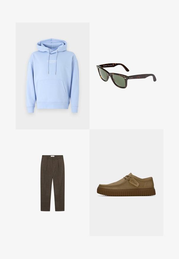Felpa leggera blu in morbido cotone, con tasca frontale, cappuccio con cordino e stampa del logo bianca sul petto.; Pantaloni a quadri marroni con pinces, realizzati in materiale testurizzato. Presentano una vita aderente e gambe affusolate per un aspetto sartoriale.; Scarpe in suede marrone chiaro con punta arrotondata, dettagli cuciti e suola in gomma marrone a righe. Presentano un'etichetta laterale con il logo "Clarks".; Occhiali da sole Wayfarer con montatura in plastica tartarugata scura, lenti verdi e logo Ray-Ban in argento sulla tempia.