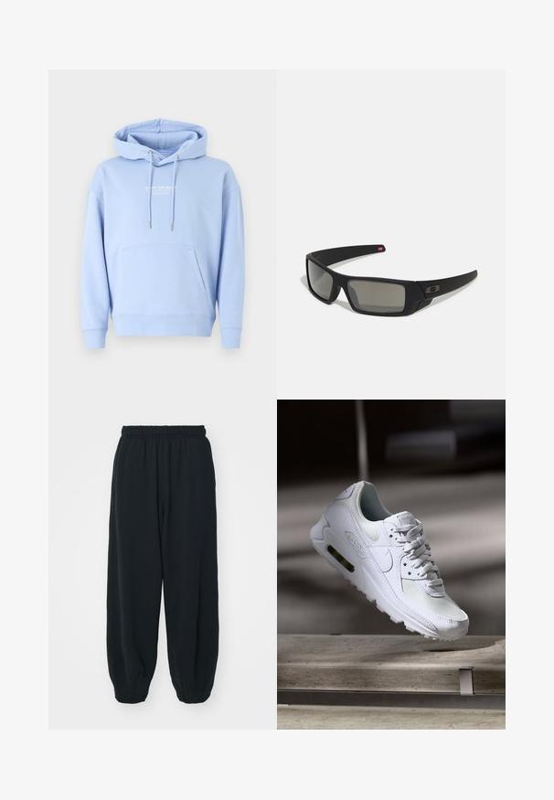 Sudadera azul claro de algodón suave, con un bolsillo frontal, capucha con cordón y estampado de logo en blanco en el pecho.; Pantalones de chándal negros con cintura elástica, de corte holgado, con puños en los tobillos, textura suave y sin patrones visibles ni acentos metálicos.; Zapatilla Nike Air Max 90 blanca con parte superior de malla y cuero, caja de puntera perforada y unidad de aire visible en el talón.; Gafas de sol negras con acabado mate, lentes rectangulares, ligera curvatura en las patillas, sutil detalle del logo y lentes ahumados.