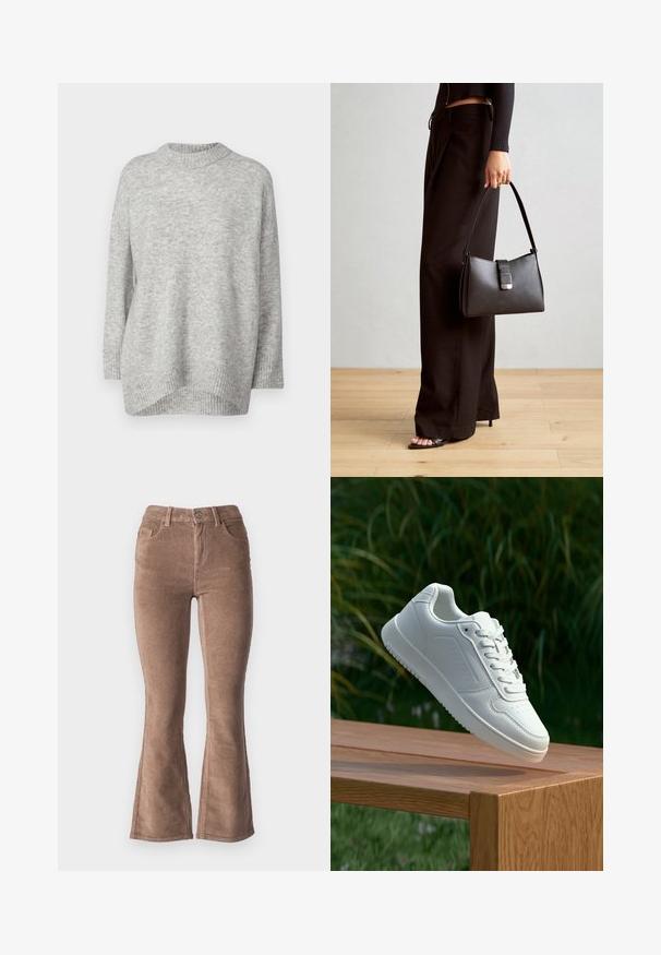 ONLY Petite ONLSILJA LOOSE PULLOVER - Camisola - light grey; Calças flared em corduroy castanho com uma textura ribbed, apresentando uma cintura alta, cinco bolsos e um fecho frontal com botão.; Sapatilha branca com um cabedal sintético liso, caixa dos dedos perfurada, atacadores planos e uma sola texturizada, exposta sobre uma superfície de madeira.; Bolsa preta com forma estruturada, textura suave e um fecho metálico. Combinada com calças largas pretas e sandálias de salto aberto sobre um chão de madeira.