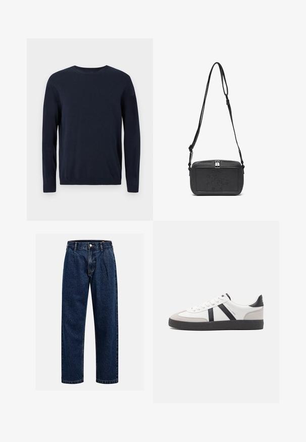 Pull en maille bleu marine à manches longues, col rond, avec des poignets et un ourlet côtelés. Présente un petit logo sur la poitrine.; Jean en denim bleu foncé avec une coupe droite. Présente des coutures visibles, une fermeture par bouton et des plis à l'avant pour un détail supplémentaire.; Baskets blanches avec des accents noirs et gris, présentant un embout texturé gris, une semelle en caoutchouc noir et des lacets plats blancs. Design épuré, style minimaliste.; Sac bandoulière en cuir noir avec une fermeture éclair, logo embossé à l'avant et une sangle réglable. Texture lisse avec une forme rectangulaire.