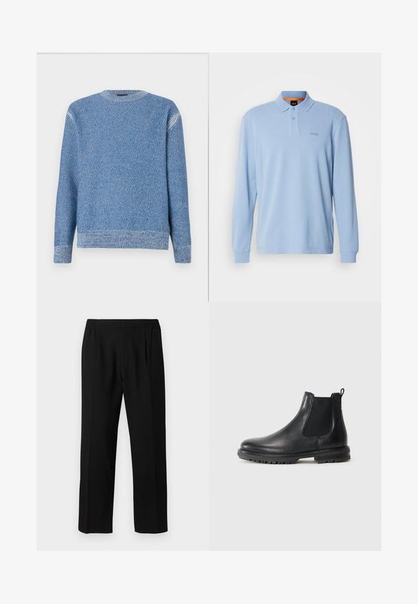 Mėlynas megztinis su tekstūruotu raštu, apvali iškirpte ir rebriniu apdailu rankogaliuose bei hemu. Audinys atrodo minkštas ir vidutinio storio.; Šviesiai mėlynas ilgos rankovės polo marškinėliai iš tekstūruotos medžiagos, su apykakle ir dviejų mygtukų užsegimu, su išsiuvinėtu "BOSS" logotipu ant krūtinės.; Juodi kelnės, pagamintos iš lygaus audinio, su elastinga juosmens juosta, tiesaus kirpimo dizainu ir dviem priekinėmis raukšlėmis papildomam akcentui.; Juodos odinės Chelsea botai su elastinėmis šoninėmis juostelėmis, traukimo juostele, apvaliu pirštu ir tvirtu padu, turinčiu sukibimo griovelius.