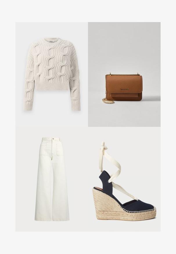 Off-white chunky knit sweater with textured cable patterns, long sleeves, crew neck, and ribbed cuffs and hem.; Wide-leg jeans in off-white denim. High-waisted design with a button closure, two front pockets, and contrast stitching details.; Navy canvas wedge sandal with an espadrille rope outsole and cream ribbon ties at the ankle. Closed heel and round toe design.; Brown textured leather crossbody bag with gold chain strap and flap closure. Front features logo detail and a pocket under the flap.