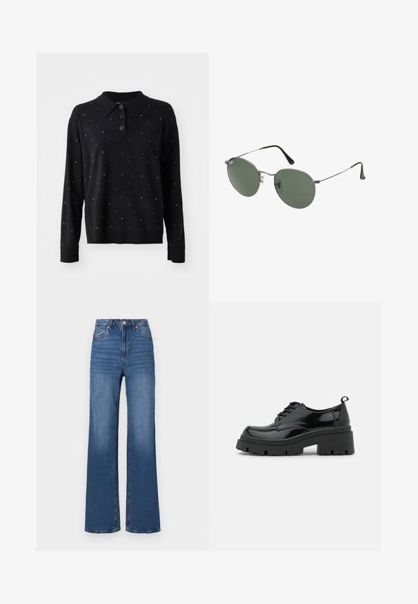Fekete pulóver, gallérral és három gombbal. Szétszórt ezüst pöttyökkel díszített. Puha, textúrált anyagból készült.; Magas derekú, bő szárú kék farmernadrág, klasszikus öt zsebes kialakítással, a nadrág szárain pedig finom kopásnyomokkal.; Fekete lakkbőr cipők vastag talppal és széles fűzővel. Kerek orr, minimális díszítés és egy kis sarkantyú a hátsó részén.; Fémkeretes napszemüveg ovális zöld lencsékkel. Vékony ezüst színű fémkeret és fekete fülrész. Minimalista dizájn, látható logók nélkül.