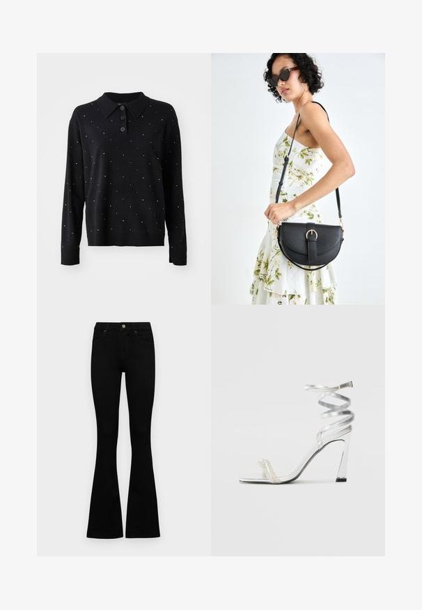 Juodas megztinis su apykakle ir trimis mygtukais. Papuoštas išbarstytais sidabriniais taškeliais visoje paviršiuje. Pagamintas iš minkštos, tekstūruotos medžiagos.; Juodos aukšto liemens džinsai su mygtuku ir užtrauktuku, priekinėmis kišenėmis ir platėjančiomis kojomis, išdėstyti ant baltos fono.; Sidabrinė aukšto kulno sandalai su blizgiu diržo dizainu, featuring perlo panašus akcentas ir spiralinė kulkšnies dirželis saugiam prisitaikymui.; Juodas odinis krepšys su išlenkta forma, nuimamu dirželiu ir auksiniais detalėmis. Krepšys turi kilpą su sagtimi.