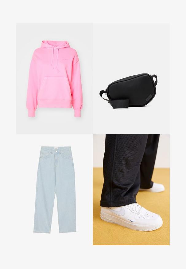 Felpa rosa con tasca a marsupio, cordino regolabile, polsini e orlo a coste, con un logo discreto sul davanti. Tessuto morbido.; Jeans azzurri a gamba larga in denim, con vita media, cinque tasche e chiusura con bottone accompagnata da un sottile accento metallico.; Sneakers bianchi in pelle con dettagli perforati, con una swoosh blu chiaro, abbinati a pantaloni in rete nera su un pavimento giallo.; Borsa a tracolla nera con zip, realizzata in materiale liscio, con forma piatta, una sola tracolla e un piccolo logo in evidenza. Design minimalista.