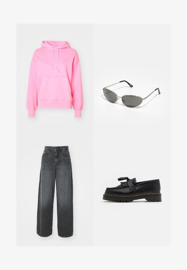 Sudadera rosa con bolsillo canguro, cordón ajustable, puños y dobladillo acanalados, que presenta un logotipo sutil en el frente. Textura de tela suave.; LTB OLYA - Vaqueros boyfriend - soline wash; Mocasín de cuero negro con un acento de borlas, que presenta una suela gruesa negra y costuras amarillas a lo largo del borde. Acabado texturizado.; Gafas de sol con un elegante marco de metal plateado, lentes tintados de color gris y un diseño aerodinámico que presenta bordes puntiagudos y patas delgadas.; Bolso cruzado negro con cremallera, elaborado en material suave, con una forma plana, una sola correa y un pequeño acento de logo. Diseño minimalista.