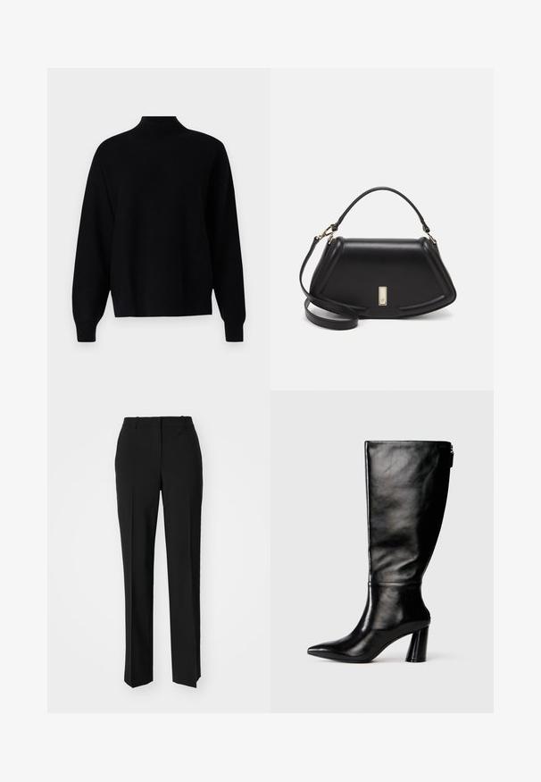 Repeat Pullover - black; Pantalon noir ajusté avec une coupe droite, présentant une texture lisse et des plis nets sur le devant. Aucune quincaillerie visible.; Botte en cuir noir à hauteur de genoux avec un bout pointu, une texture lisse et un talon épais. Elle présente un zip à l'arrière.; Sac à main en cuir noir avec un design structuré, featuring une forme cropped, une poignée supérieure et des accents en matériel doré. Bandoulière réglable incluse.