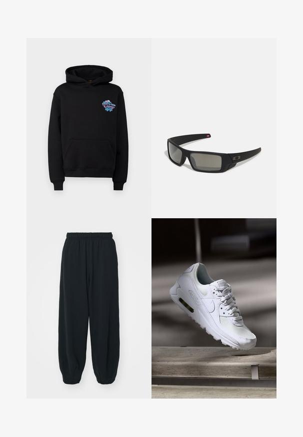 Alpha Industries CANDY HOODY - Felpa - black; Pantaloni da jogging neri con vita elasticizzata, dalla vestibilità morbida, caviglie a costina, texture liscia e senza motivi visibili o dettagli in metallo.; Sneaker Nike Air Max 90 bianco con tomaia in mesh e pelle, punta forata e un'unità air visibile nel tallone.; Occhiali da sole neri con finitura opaca, lenti rettangolari, leggero curvatura sulle tempie, dettaglio logo discreto e lenti color fumo.