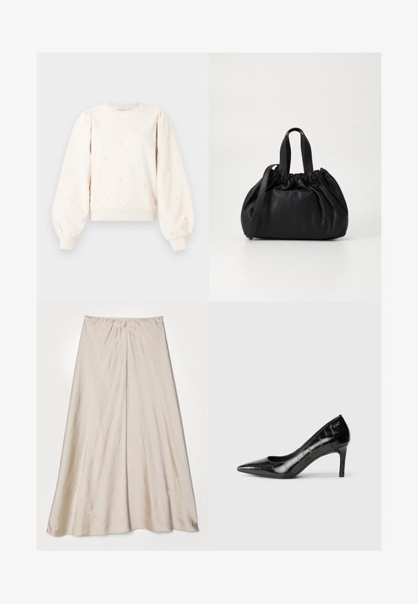Krémová mikina s nadýchanými rukávmi, plisovanými manžetami a vyšívanými srdiečkami po celom povrchu. Mäkkučký bavlnený materiál s voľným strihom.; Béžová saténová sukňa s rozšíreným strihom. Má zhromaždený pás a jemný lesk, s uhlovými švami a vzdušným padaním.; Čierne lodičky so špicatou špičkou, lesklým povrchom a jemným textúrovaným vzorom. Majú mierne vysoký opätok a otvorený dizajn.; Čierna kožená kabelka so zberaným vrchom, s dvoma krátkymi držadlami a dlhým nastaviteľným popruhom. Hladká textura, zaoblený tvar.
