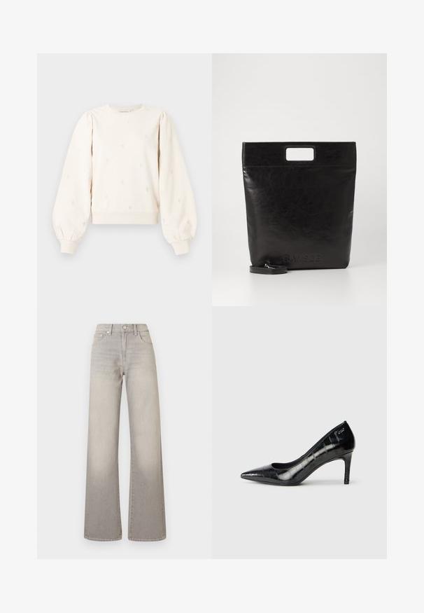 Sudadera color crema con mangas abullonadas, puños acanalados y patrones de corazones bordados en toda la prenda. Tejido de algodón suave con un corte relajado.; Jeans de pierna ancha grises con un acabado desgastado, cierre de botón, diseño de cinco bolsillos y costuras decorativas a lo largo de las costuras.; Zapatos de tacón alto negros de punta afilada con un acabado brillante y un sutil patrón texturado. Cuentan con un tacón moderado y un diseño de escote abierto.; Bolsa tote de cuero negro con un asa cuadrada, que presenta un acabado texturizado y un logo en relieve. Incluye una correa desmontable.
