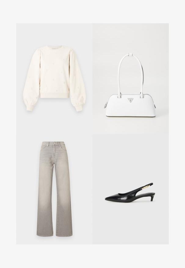 Training de culoare crem cu mâneci bufante, mansete ribbate și modele de inimioare brodate pe tot materialul. Fabrică de bumbac moale cu o croială lejeră.; Jeans largi gri cu un finisaj decolorat, închidere cu buton, design cu cinci buzunare și detalii cusute pe cusături.; Sandale slingback din piele neagră cu vârf ascuțit, având un toc subțire și un accent de culoare aurie pe curea ajustabilă. Textură netedă.; Geantă de mână din piele albă, cu o formă curbată, prezentând un logo triunghiular argintiu și închidere cu fermoar. Textură netedă și mânere duble.